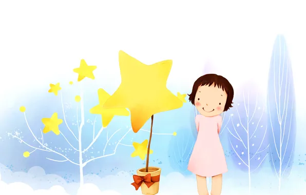 Trees, branch, star, girl, bow, baby Wallpaper, dresses, pot