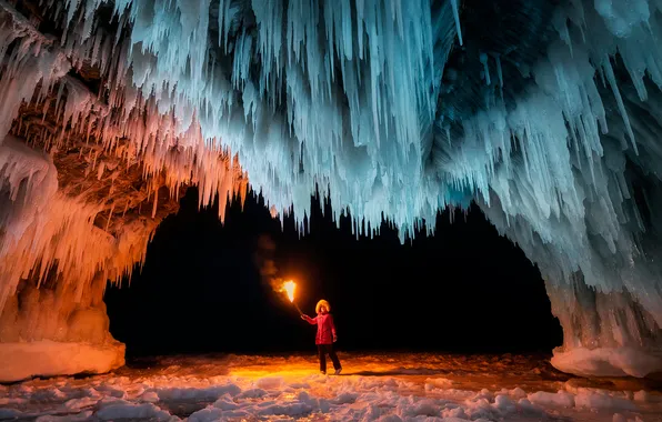 Ice, explorer, torch, flare, stalactites