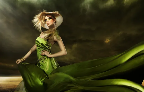 Picture hat, feathers, green dress, makeup, fashionable girl, elegant hairstyle