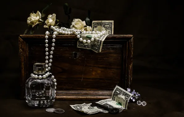 Flowers, the dark background, roses, money, perfume, key, box, beads