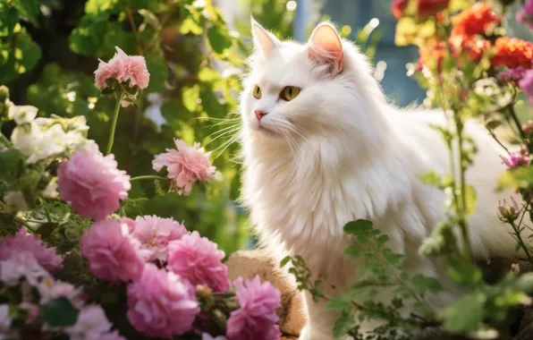 Cat, white, summer, cat, look, light, flowers, pose
