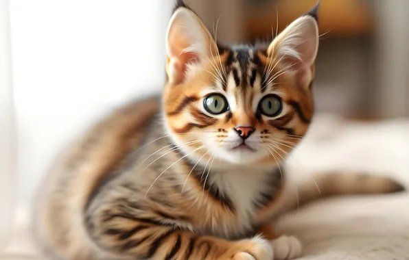 Cat, look, pose, kitty, legs, lies, face, light background