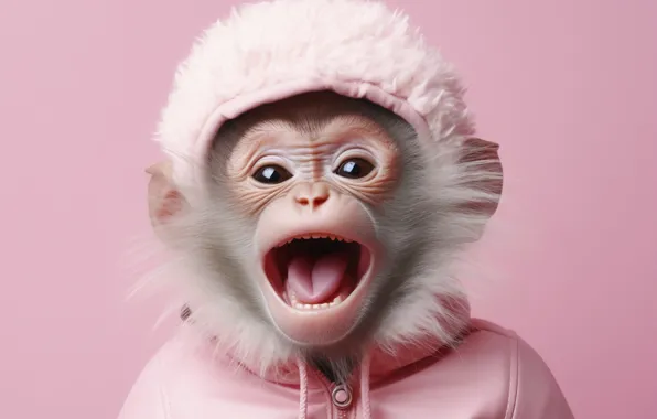 Language, clothing, portrait, monkey, mouth, costume, hood, fur