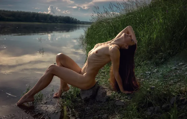 Pose, stay, legs, the reflection in the water, slim, bending of the body, naked girl, …