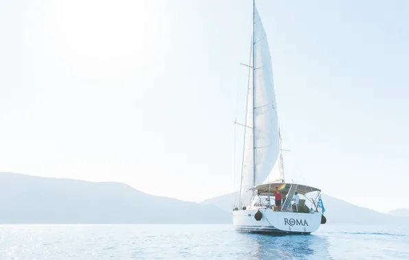 Sea, fog, coast, morning, yacht, Greece, sail, haze