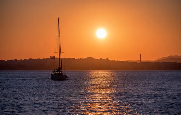 Sea, the sky, the sun, sunset, coast, yacht