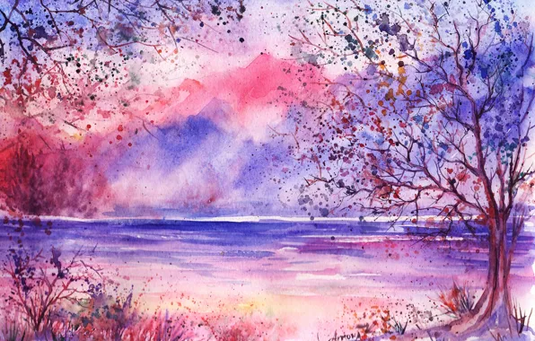 Grass, trees, mountains, lake, foliage, watercolor, painted landscape