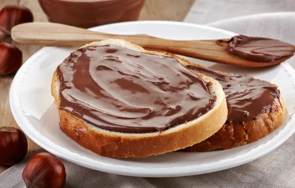 Picture food, chocolate, Nutella, cream, bread, hazelnuts