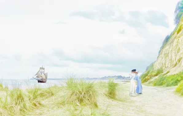 Landscape, rocks, shore, ship, sail, walk, lady