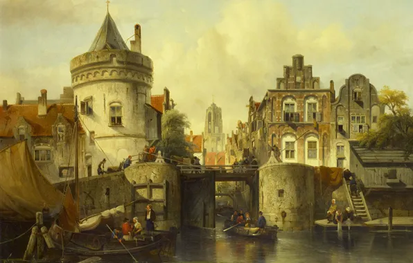 Picture oil, picture, canvas, the urban landscape, Samuel Verveer, Views Kolksluis in Amsterdam