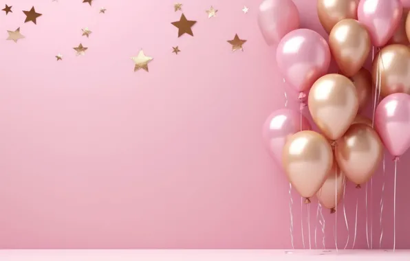 Stars, balls, balloons, holiday, balls, Christmas, New year, pink