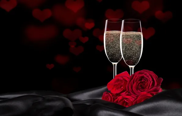 Love, gift, wine, roses, glasses, love, heart, romantic