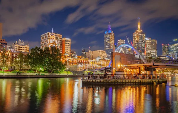 Picture river, the sky, bridge, home, trees, skyscrapers, lights, the evening