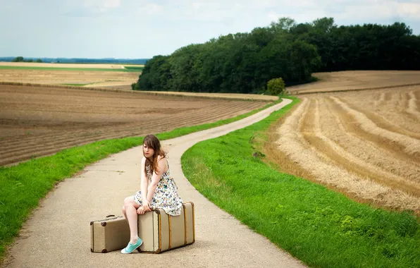 Road, girl, mood, suitcase