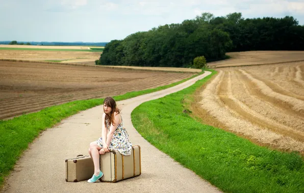 Picture road, girl, mood, suitcases
