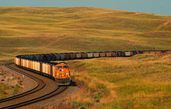 Picture autumn, the sky, grass, hills, train, the car, composition