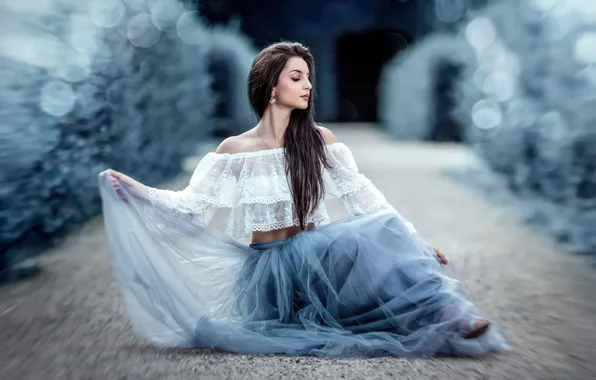 Girl, pose, photo, model, hair, skirt, blur, brunette