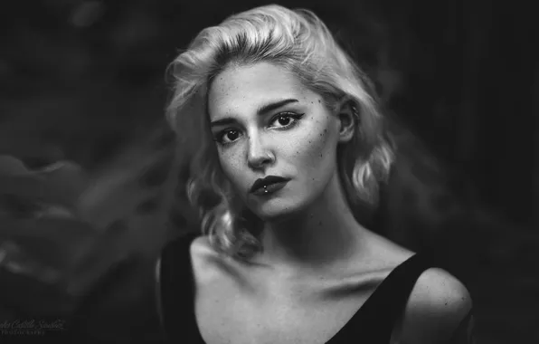 Look, model, portrait, makeup, piercing, hairstyle, blonde, black and white