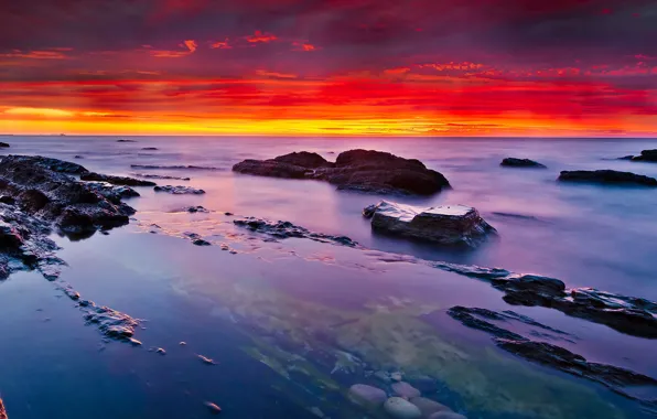 Picture sea, the sky, stones, shore, horizon, glow