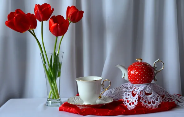 Picture flowers, table, bouquet, kettle, Cup, tulips, still life