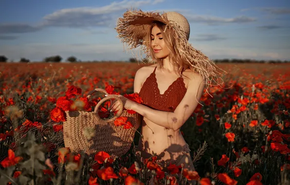 Picture field, girl, flowers, pose, Maki, hat, figure, Mykola Kashuba