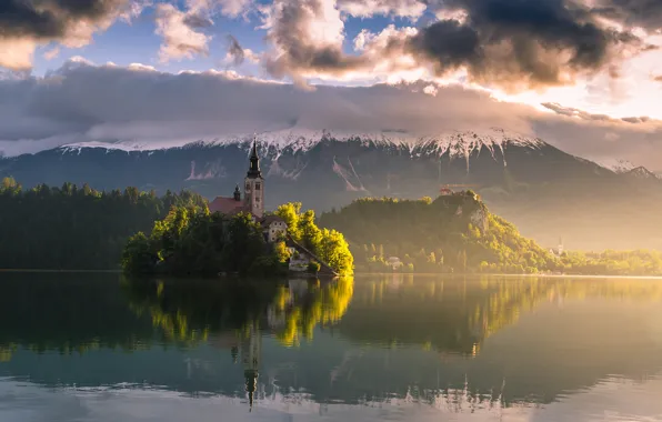 The sky, clouds, mountains, Slovenia, The Julian Alps, Bled lake