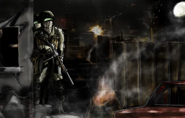 Picture the sky, night, weapons, the moon, figure, explosions, art, soldiers