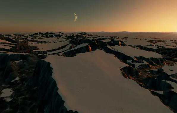 The sky, snow, landscape, stones, planet, starfield