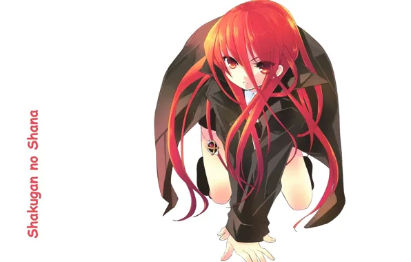 Pendant, white background, cloak, fiery fog, red hair, Shakugan no Shana, Shana, on all fours