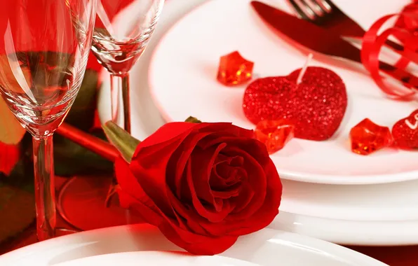 Flower, rose, candles, Bud, glasses, plate, red