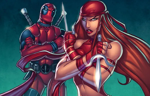 Picture girl, male, art, Deadpool, superheroes, marvel comics, wade wilson, Elektra