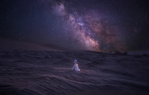 Girl, stars, night, desert, hat, dress, The milky way