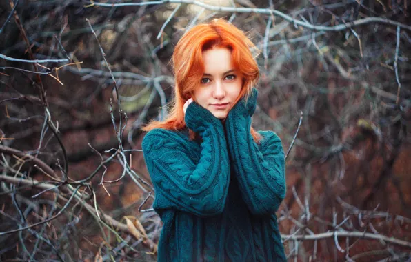 Picture autumn, look, girl, branches, pose, background, portrait, hairstyle