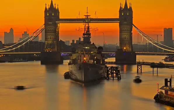 Ship, England, London, glow, Tower bridge