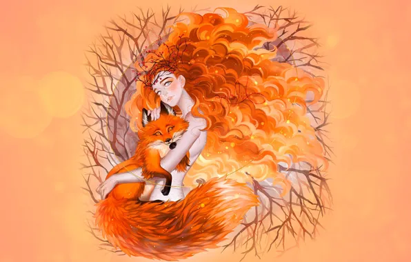 Picture autumn, girl, Fox, redhead autumn, luleiya, Fox Spirit