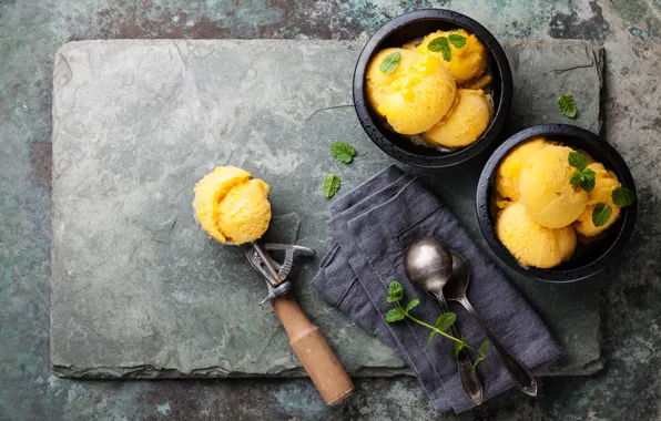 Ice cream, mango, mint, dessert, delicious, ice cream, mango