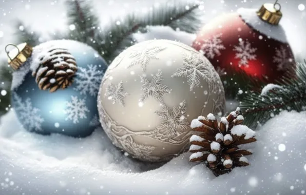 Winter, balls, snow, snowflakes, branches, pattern, Christmas, the snow