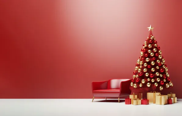 Balls, wall, star, chair, Christmas, gifts, red, New year