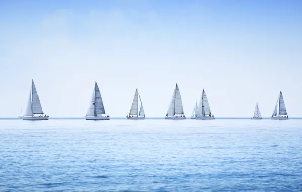 Water, yacht, sailing, sailboat, group regatta, race on sea, panoramic view