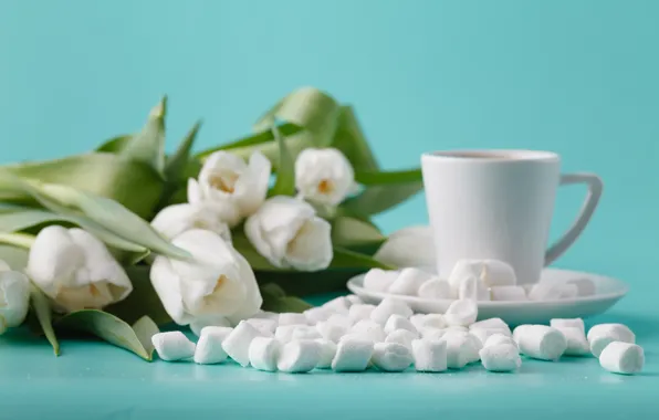 Cup, tulips, white, marshmallows, Andrey Cherkasov