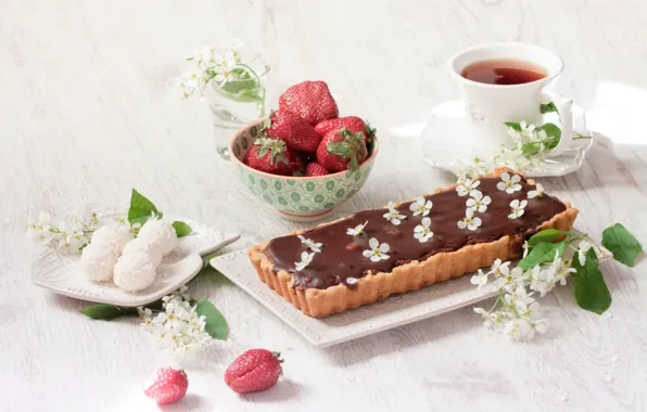 Picture berries, tea, chocolate, strawberry, candy, pie, cakes, Jasmine
