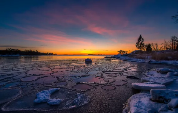 Winter, sunset, river