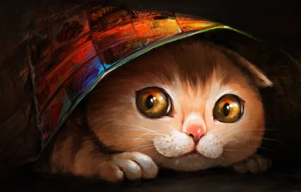 Cat, face, blanket, art, hiding, ryuuka nagare