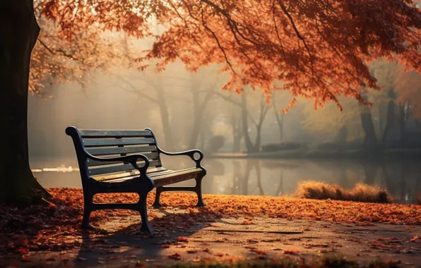 Autumn, leaves, bench, Park, nature, park, autumn, leaves