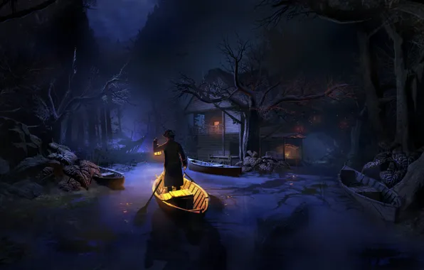 Trees, night, boat, people, the ruins, lantern