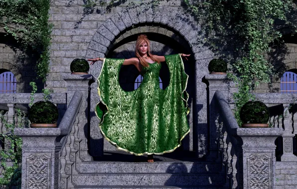 Girl, castle, green dress