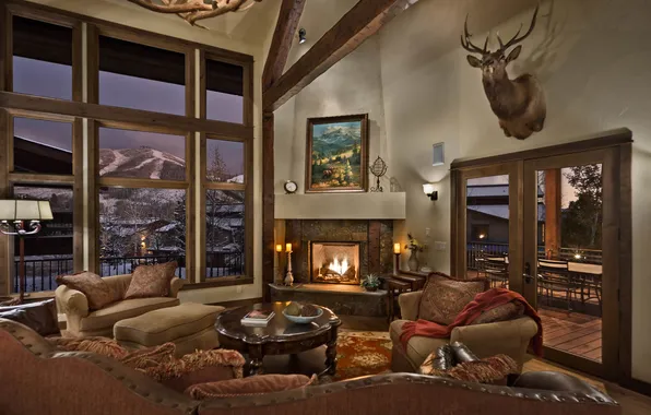 Design, style, heat, interior, Colorado, fireplace, living room, cozy