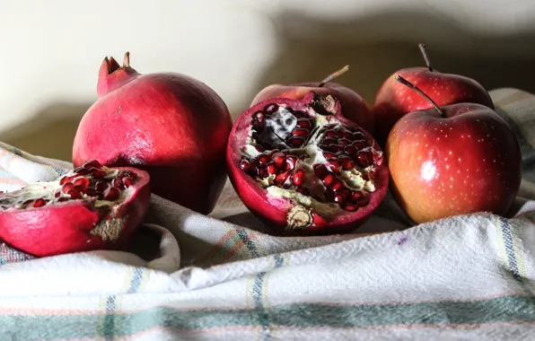 Light, apples, shadow, towel, red, fruit, still life, grenades