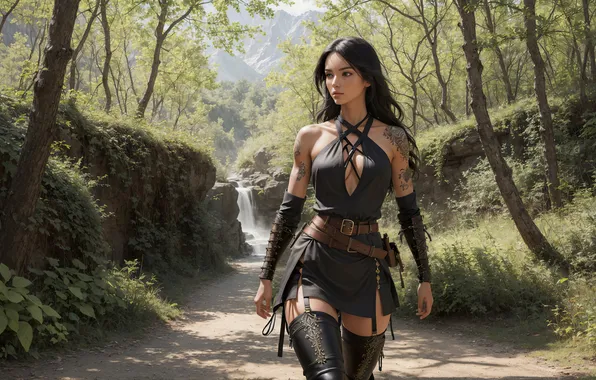 Girl, fantasy, forest, nature, art, pathway, fantasy art, creek