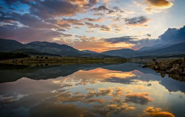 The sky, clouds, light, sunset, mountains, lake, reflection, shore